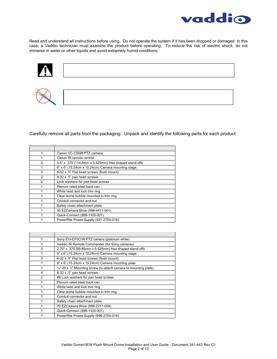 Important safeguards, Unpackaging – system component lists | Vaddio DomeVIEW Flush Mount Dome User Manual | Page 2 / 12