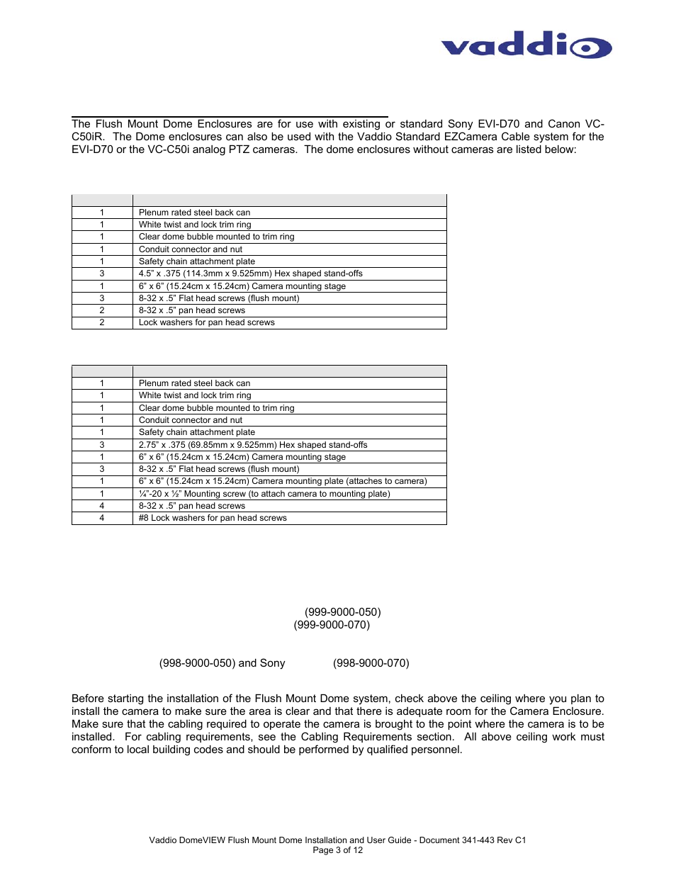 Installation instructions | Vaddio DomeVIEW Flush Mount Dome User Manual | Page 3 / 12