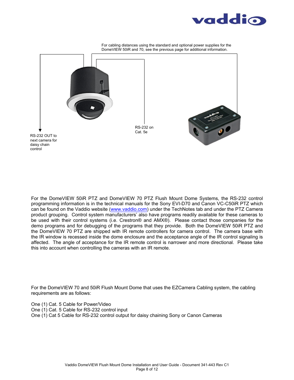 Camera control, Cabling requirements | Vaddio DomeVIEW Flush Mount Dome User Manual | Page 8 / 12