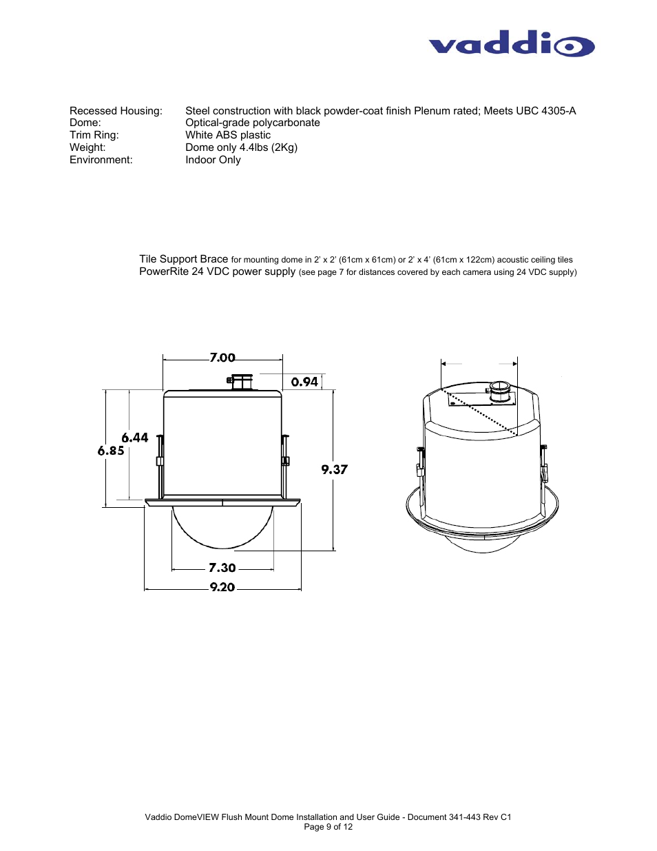 Vaddio DomeVIEW Flush Mount Dome User Manual | Page 9 / 12