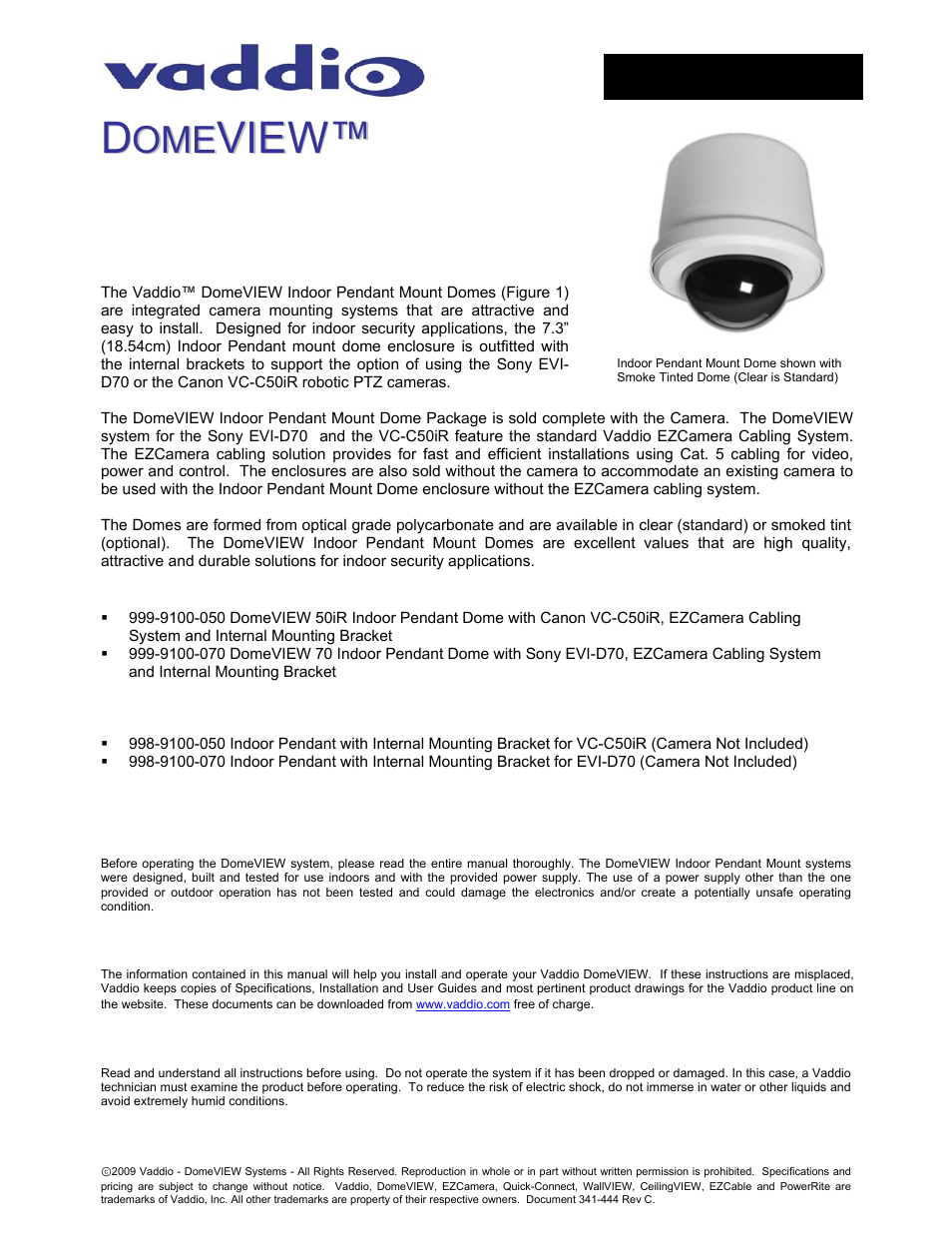 Vaddio DomeVIEW Indoor Pendant Mount User Manual | 12 pages