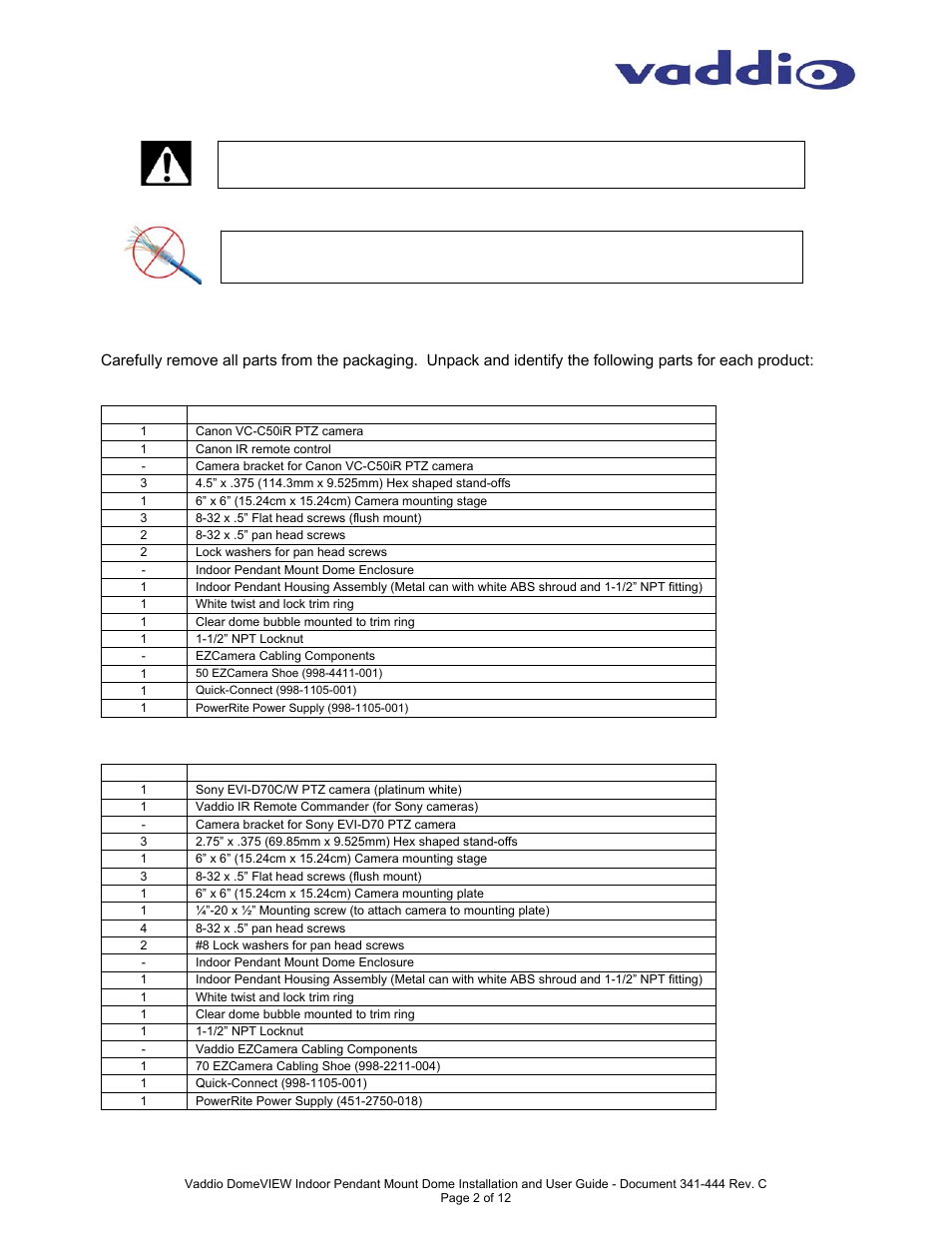 Unpackaging – system component lists | Vaddio DomeVIEW Indoor Pendant Mount User Manual | Page 2 / 12