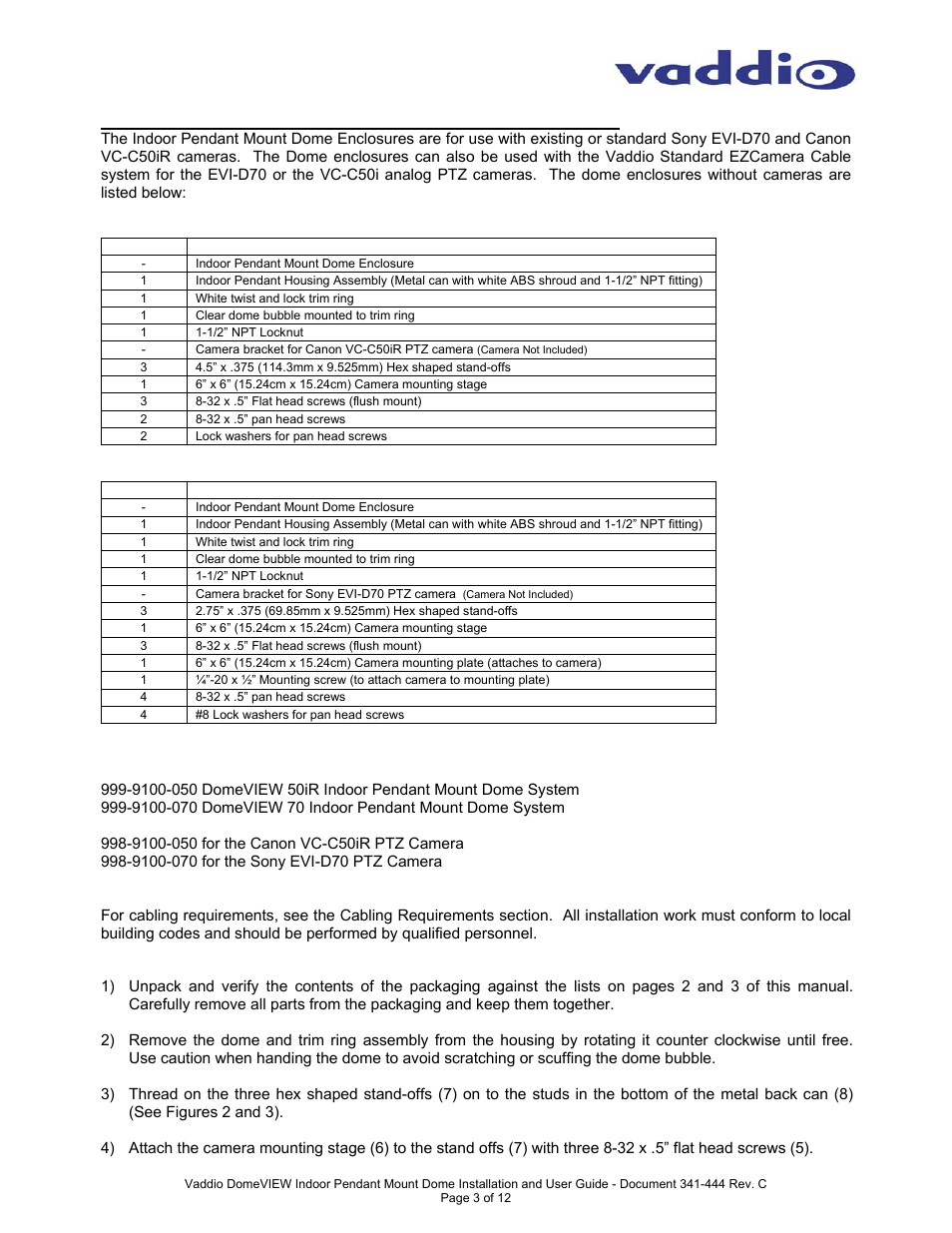 Installation instructions | Vaddio DomeVIEW Indoor Pendant Mount User Manual | Page 3 / 12