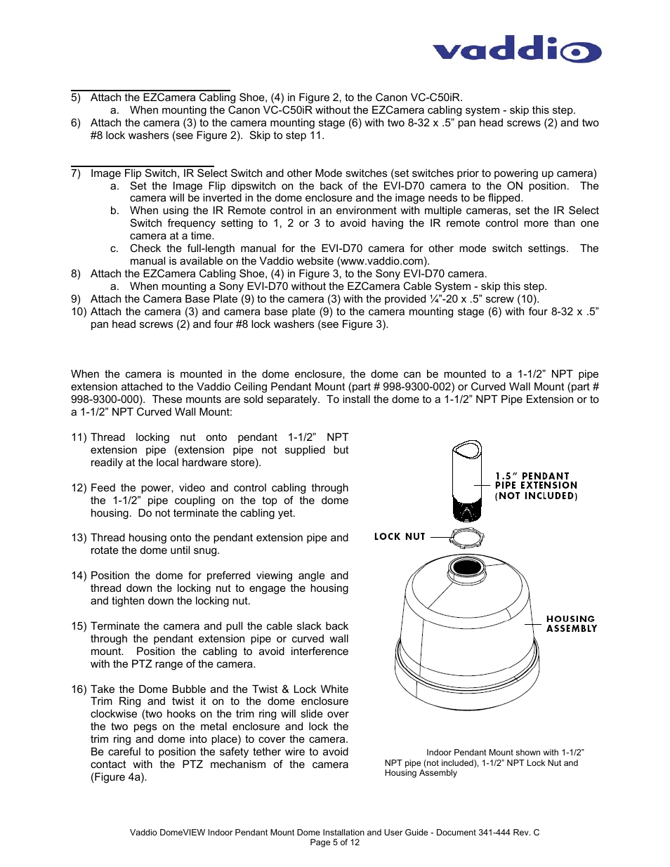 Vaddio DomeVIEW Indoor Pendant Mount User Manual | Page 5 / 12