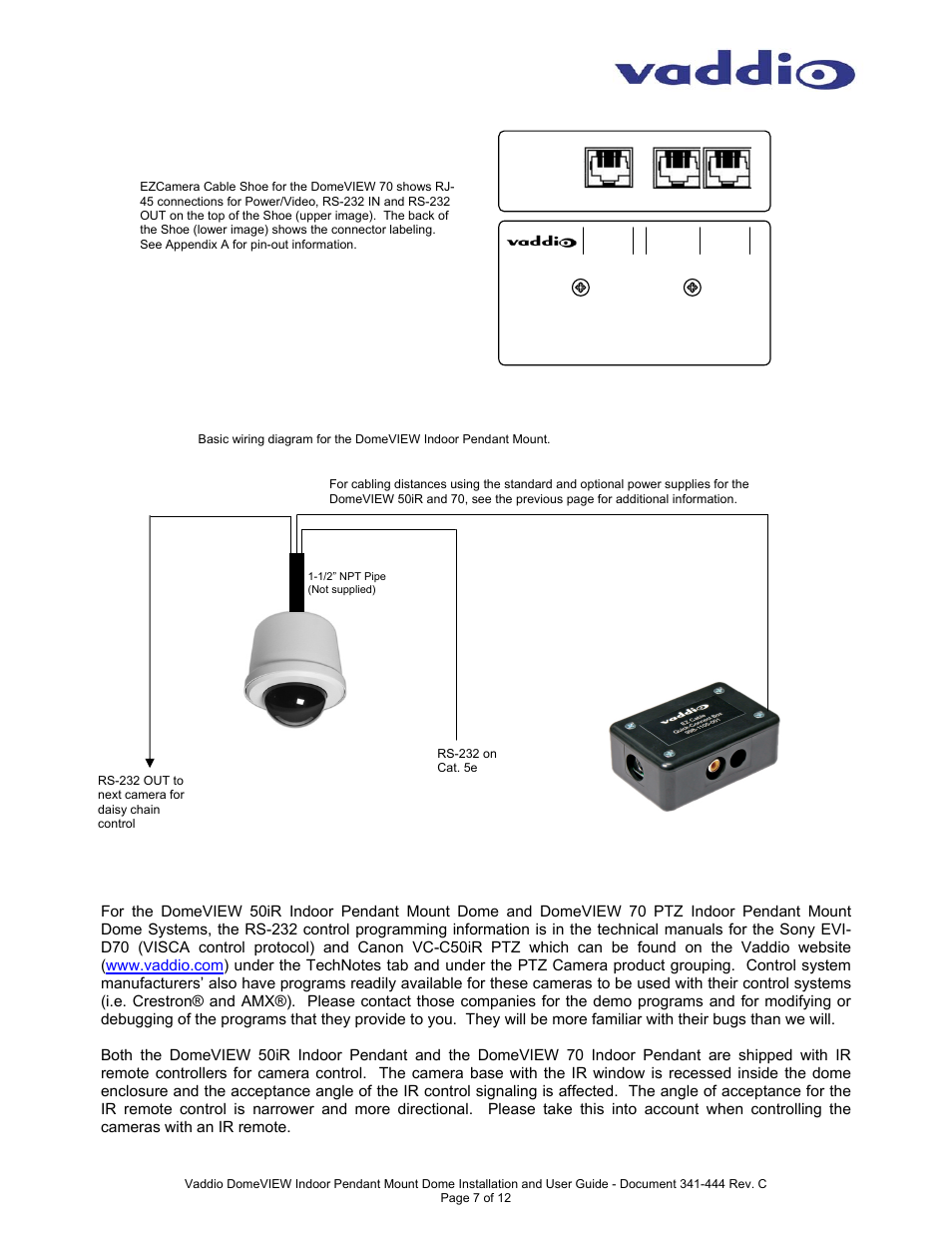 Camera control | Vaddio DomeVIEW Indoor Pendant Mount User Manual | Page 7 / 12