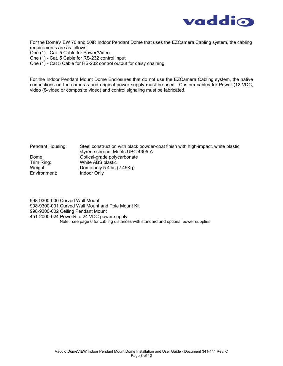 Vaddio DomeVIEW Indoor Pendant Mount User Manual | Page 8 / 12