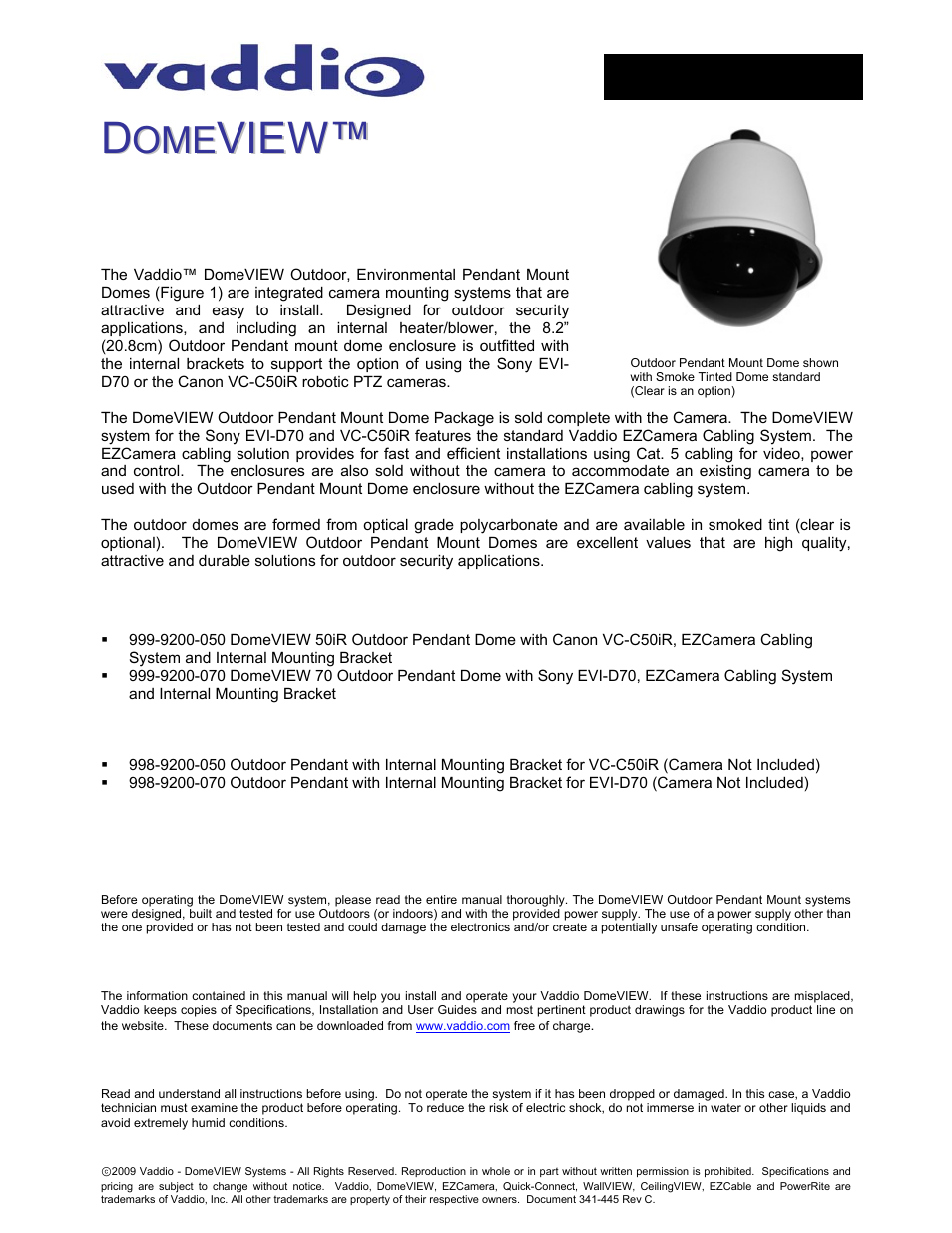 Vaddio DomeVIEW Outdoor Pendant Mount User Manual | 14 pages