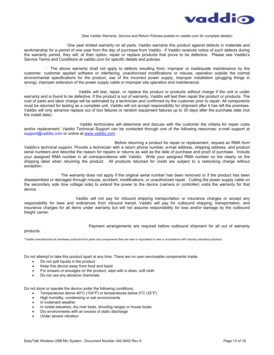 Warranty information | Vaddio EasyTALK Wireless USB Mic System User Manual | Page 13 / 16