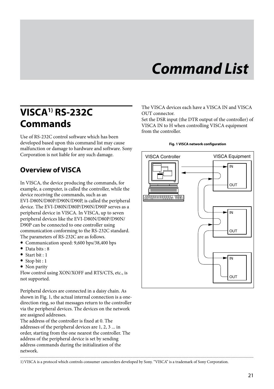 Command list, Visca1) rs-232c commands, Visca | Rs-232c commands, Overview of visca | Vaddio EVI-D80D90 Tech User Manual | Page 21 / 50