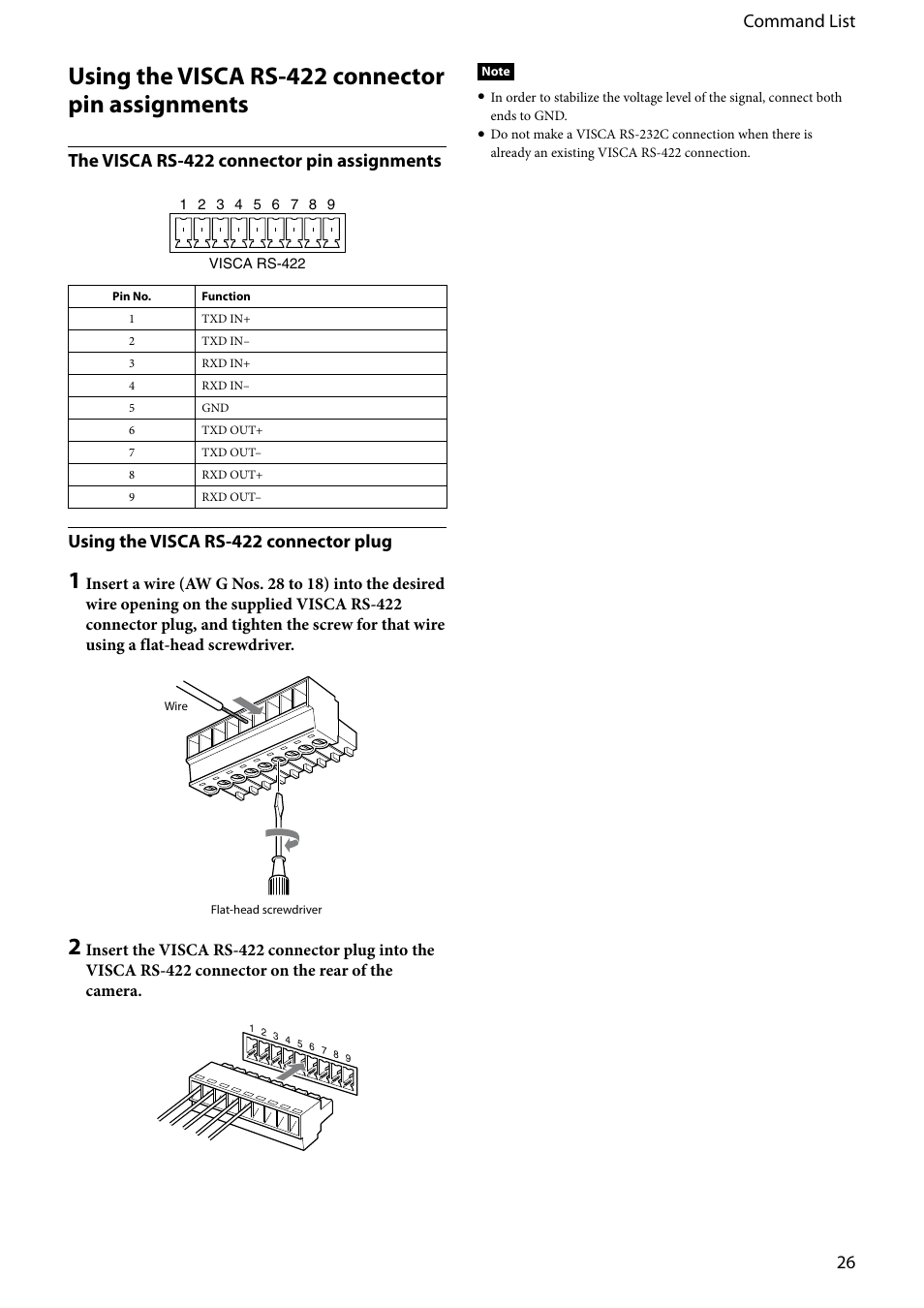 Using the visca rs-422 connector pin assignments, 26 command list, The visca rs-422 connector pin assignments | Using the visca rs-422 connector plug | Vaddio EVI-D80D90 Tech User Manual | Page 26 / 50