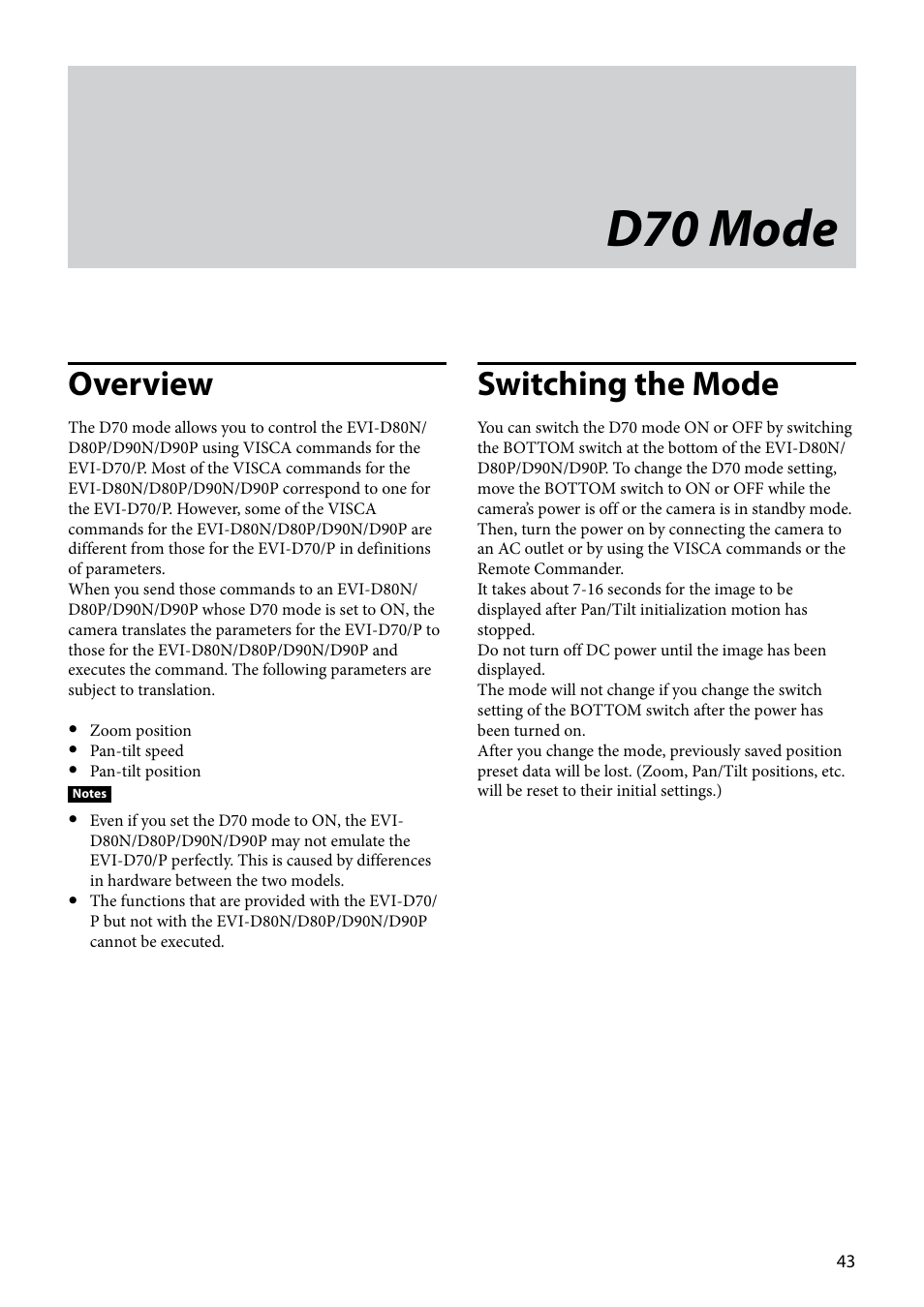 D70 mode, Overview, Switching the mode | Vaddio EVI-D80D90 Tech User Manual | Page 43 / 50