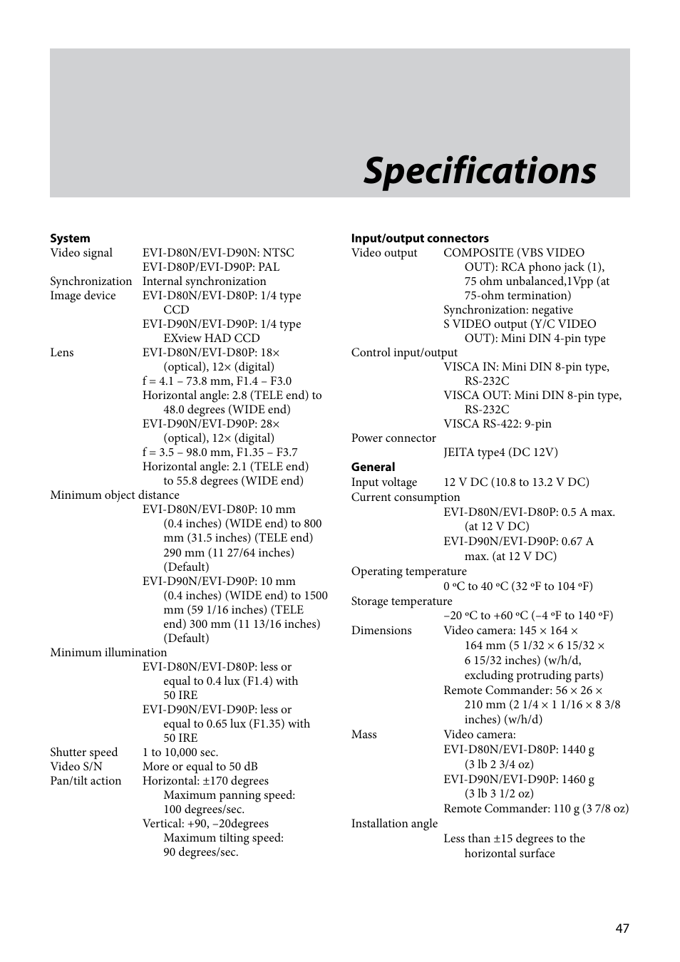 Specifications | Vaddio EVI-D80D90 Tech User Manual | Page 47 / 50