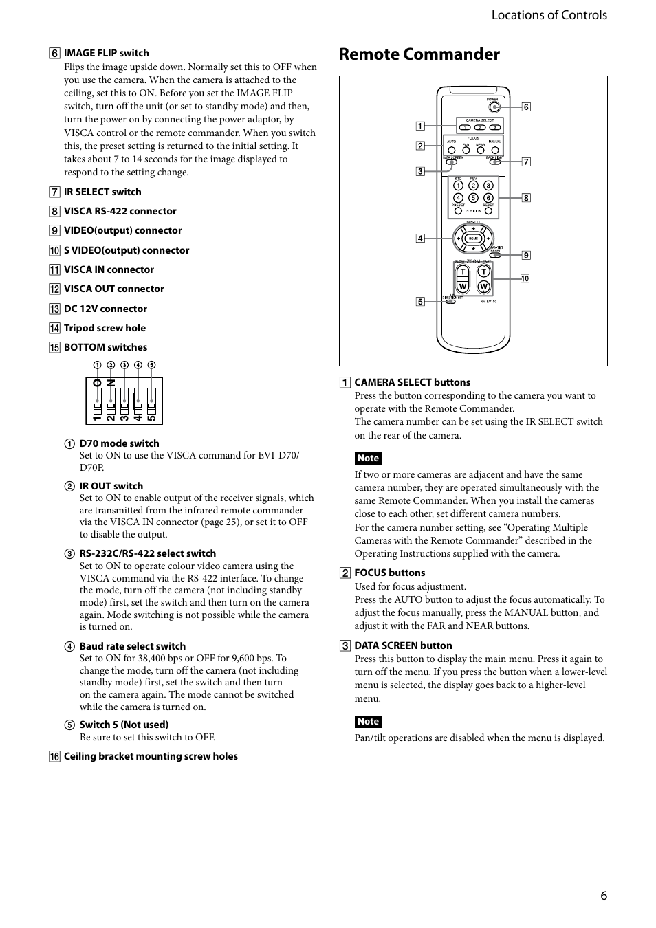 Remote commander, 6locations of controls | Vaddio EVI-D80D90 Tech User Manual | Page 6 / 50