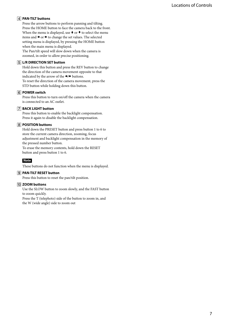 Locations of controls | Vaddio EVI-D80D90 Tech User Manual | Page 7 / 50