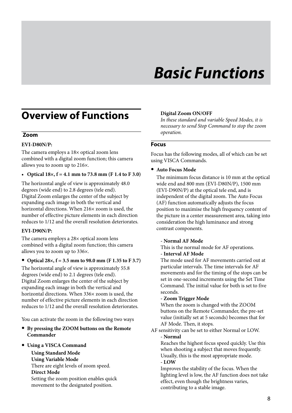 Basic functions, Overview of functions | Vaddio EVI-D80D90 Tech User Manual | Page 8 / 50