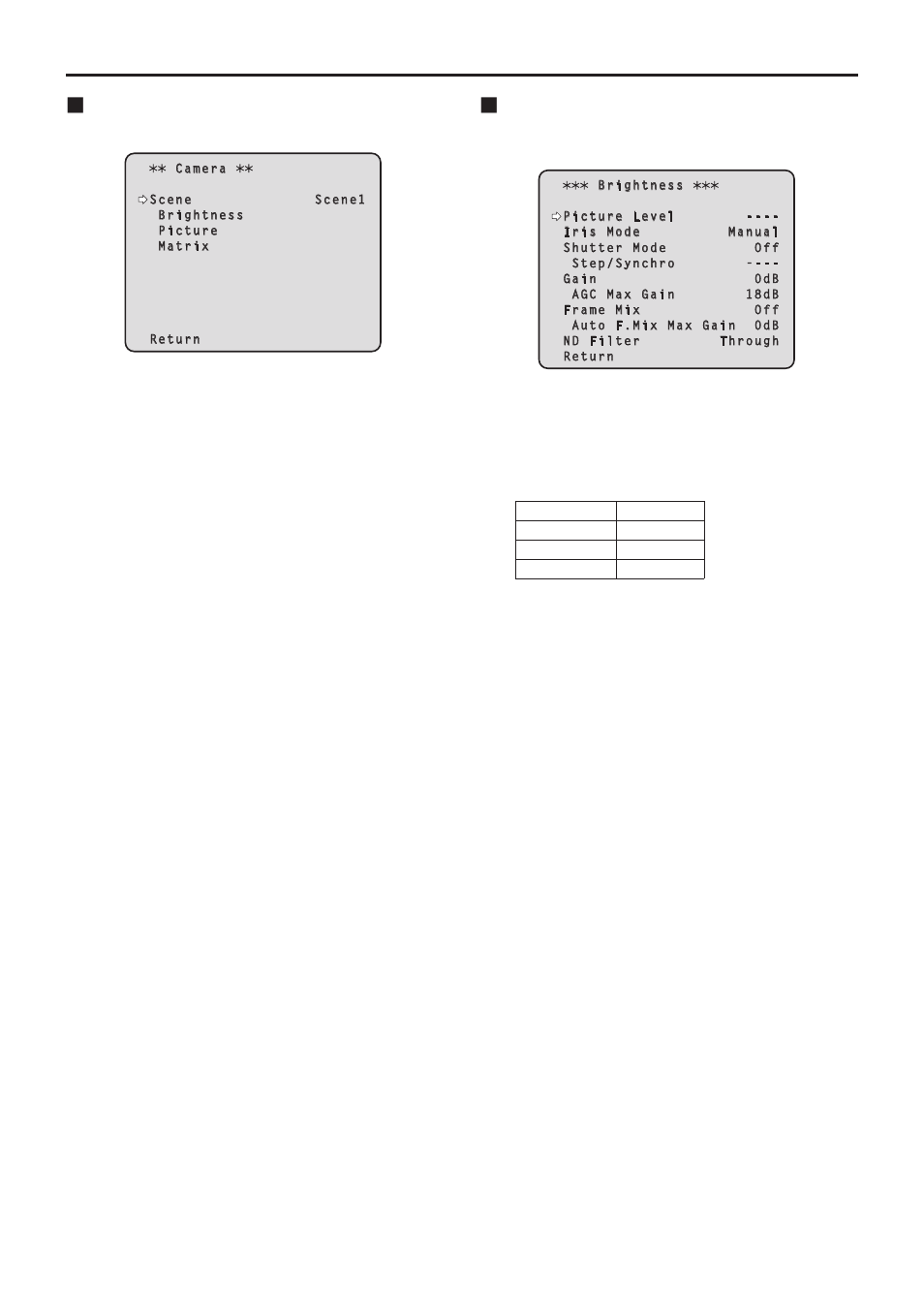 Setting the camera menu items, Camera screen, Brightness screen | Continued) | Vaddio HE120 Operating Instructions User Manual | Page 38 / 100