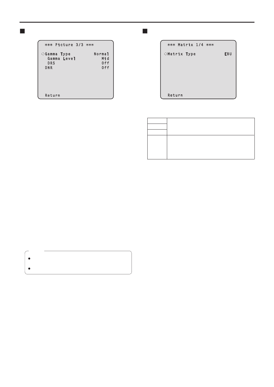 Setting the camera menu items, Picture 3/3 screen, Matrix 1/4 screen | Vaddio HE120 Operating Instructions User Manual | Page 42 / 100