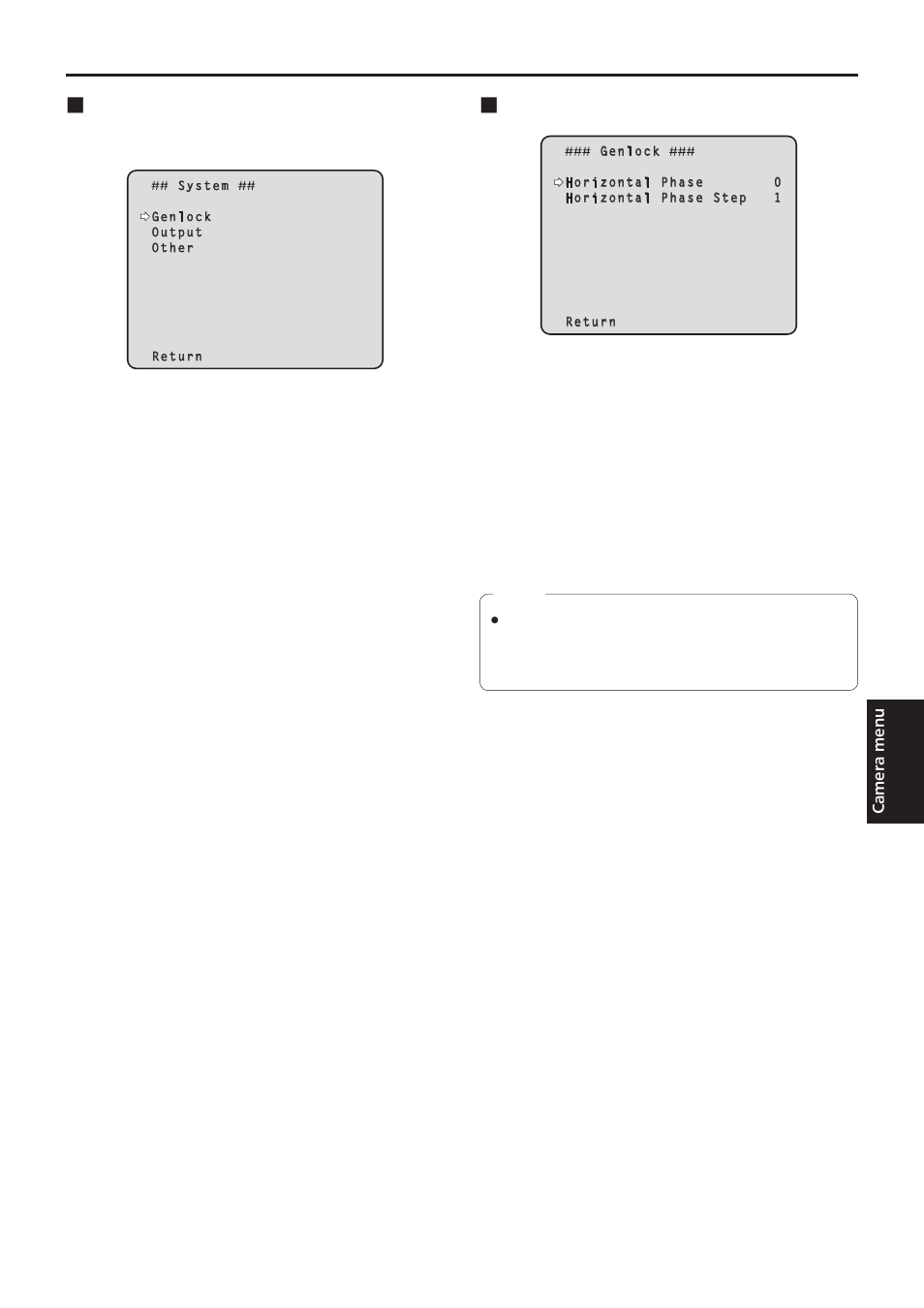 Setting the camera menu items, System screen, Genlock screen | Vaddio HE120 Operating Instructions User Manual | Page 45 / 100