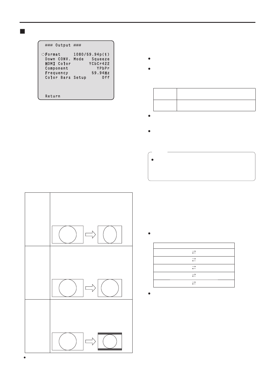 Setting the camera menu items, Output screen, Continued) | Vaddio HE120 Operating Instructions User Manual | Page 46 / 100