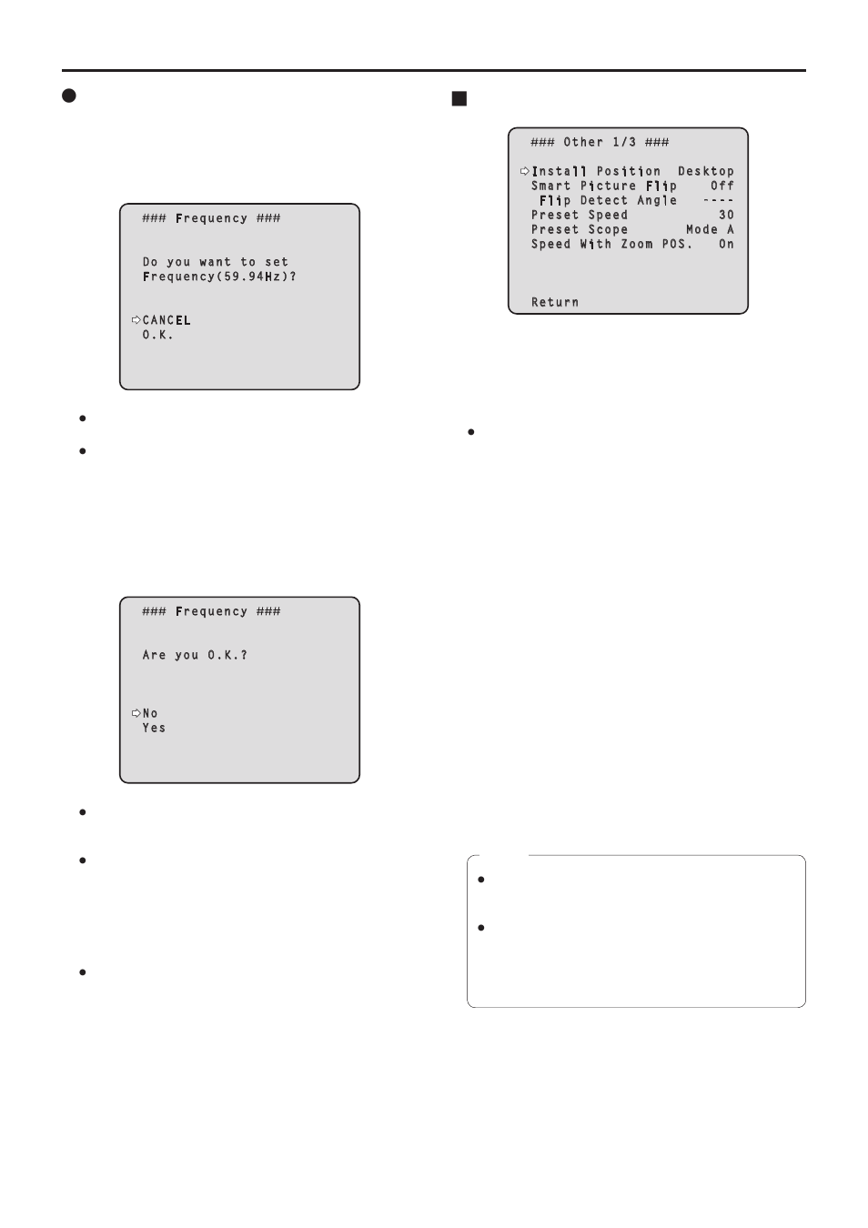 Setting the camera menu items, Other 1/3 screen, Continued)   changing the frequency | Vaddio HE120 Operating Instructions User Manual | Page 48 / 100