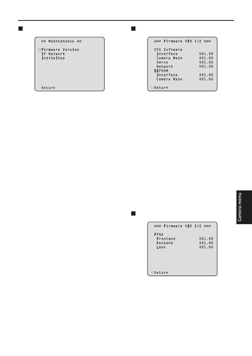 Setting the camera menu items, Maintenance screen, Firmware ver 1/2 screen | Firmware ver 2/2 screen | Vaddio HE120 Operating Instructions User Manual | Page 51 / 100