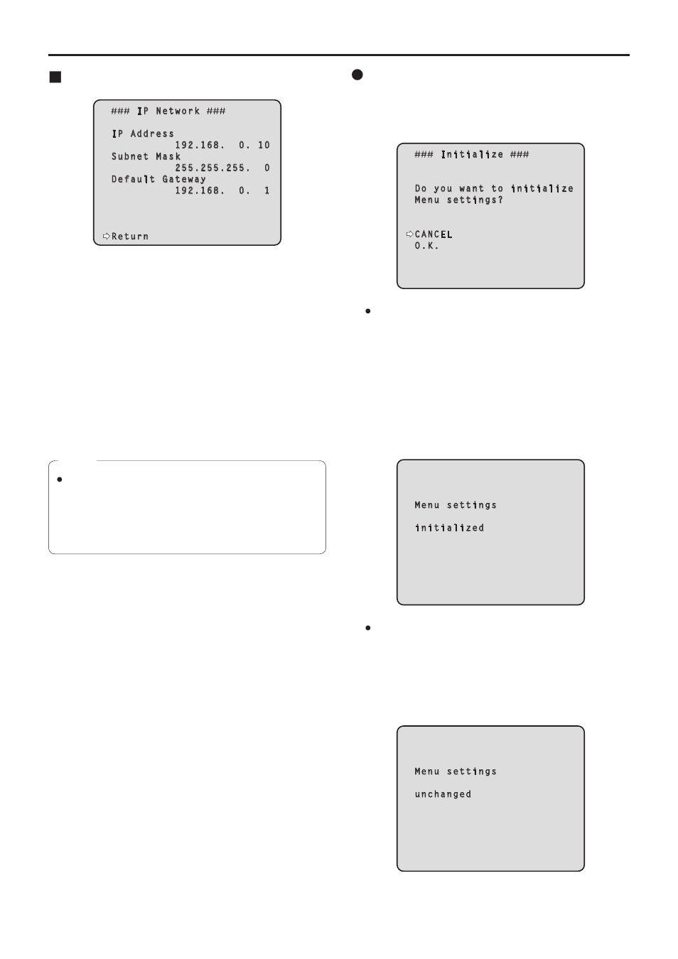 Setting the camera menu items, Ip network screen, Continued) | Concerning initialization | Vaddio HE120 Operating Instructions User Manual | Page 52 / 100