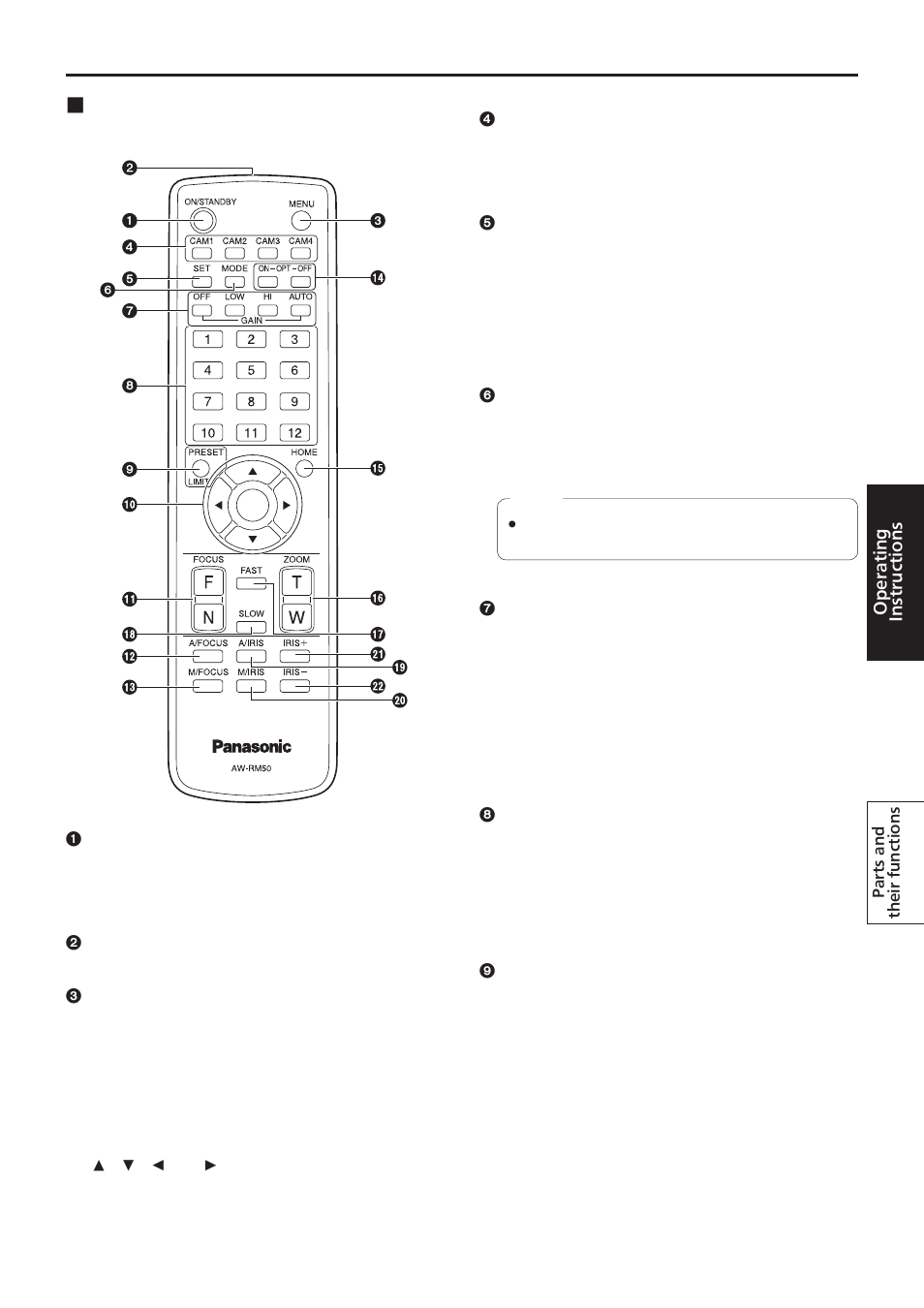 Parts and their functions, Wireless remote controller (optional accessory) | Vaddio HE120 Operating Instructions User Manual | Page 37 / 52