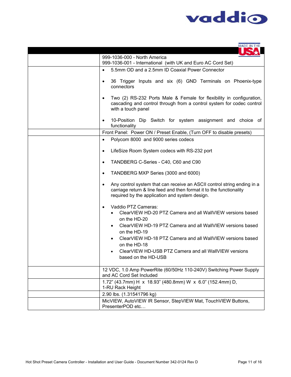 Vaddio Hot-Shot Preset Camera Controller User Manual | Page 11 / 16