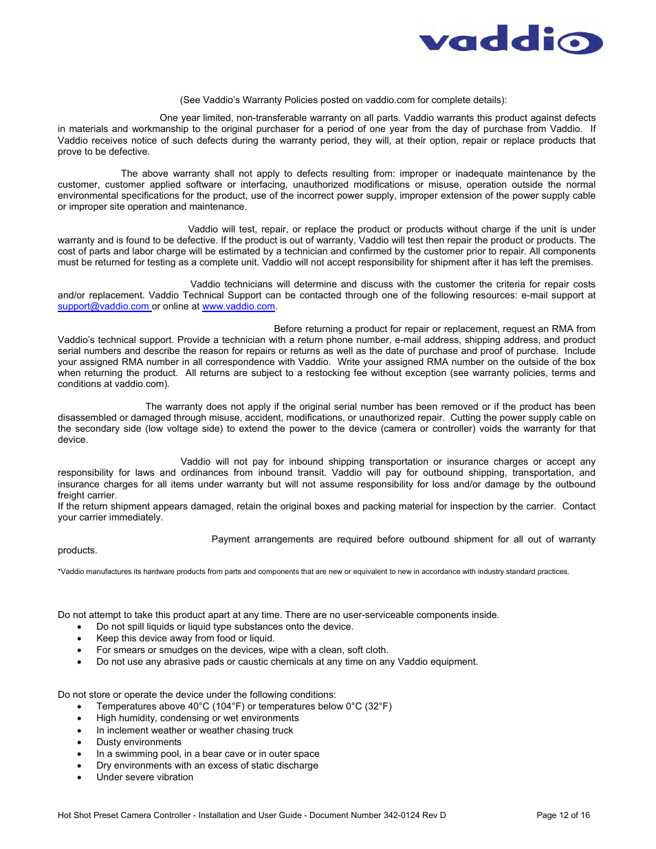 Vaddio Hot-Shot Preset Camera Controller User Manual | Page 12 / 16