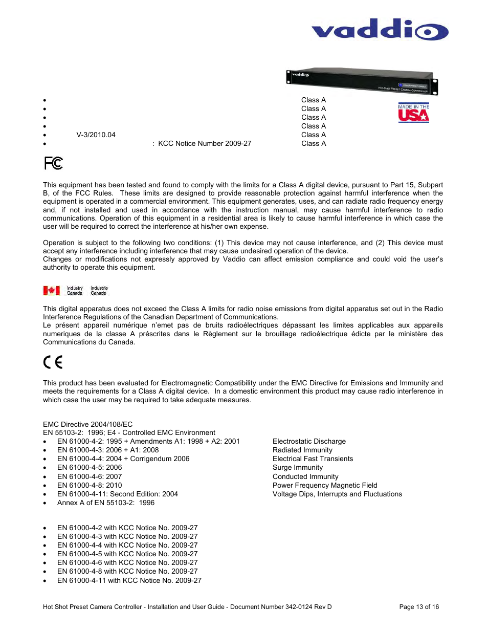 Vaddio Hot-Shot Preset Camera Controller User Manual | Page 13 / 16