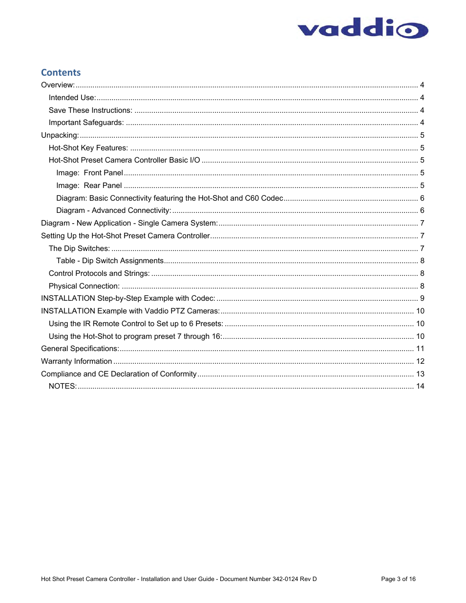 Vaddio Hot-Shot Preset Camera Controller User Manual | Page 3 / 16