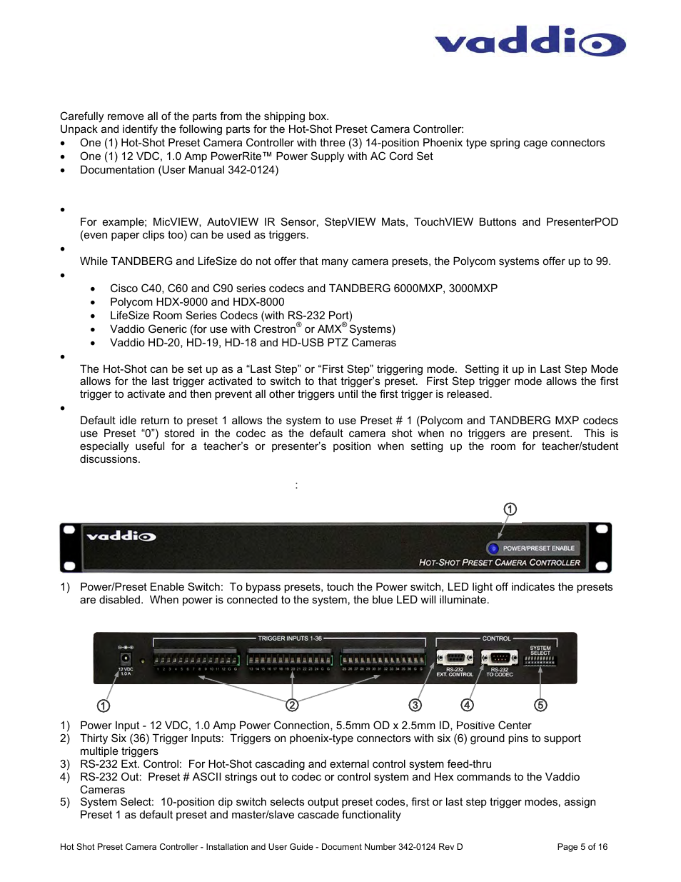 Vaddio Hot-Shot Preset Camera Controller User Manual | Page 5 / 16