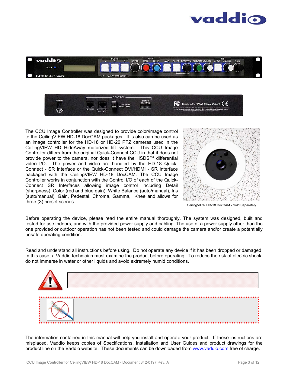 Ccu image controller for ceilingview hd-18 doccam | Vaddio Image Controller CeilingVIEW HD-18 DocCAM User Manual | Page 3 / 12