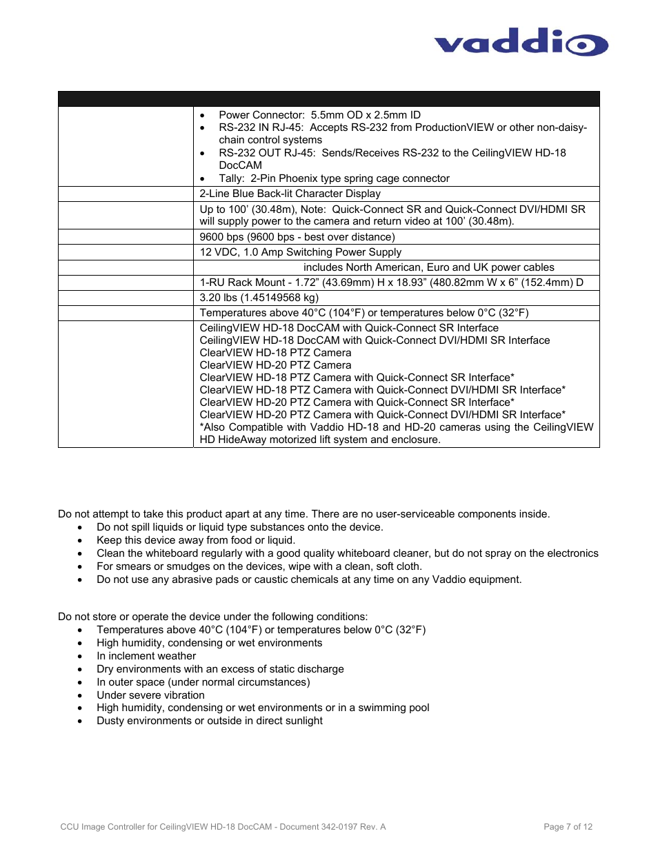 Vaddio Image Controller CeilingVIEW HD-18 DocCAM User Manual | Page 7 / 12
