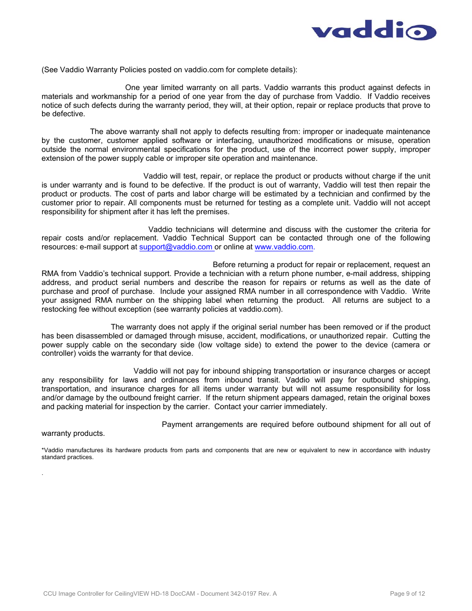 Vaddio Image Controller CeilingVIEW HD-18 DocCAM User Manual | Page 9 / 12