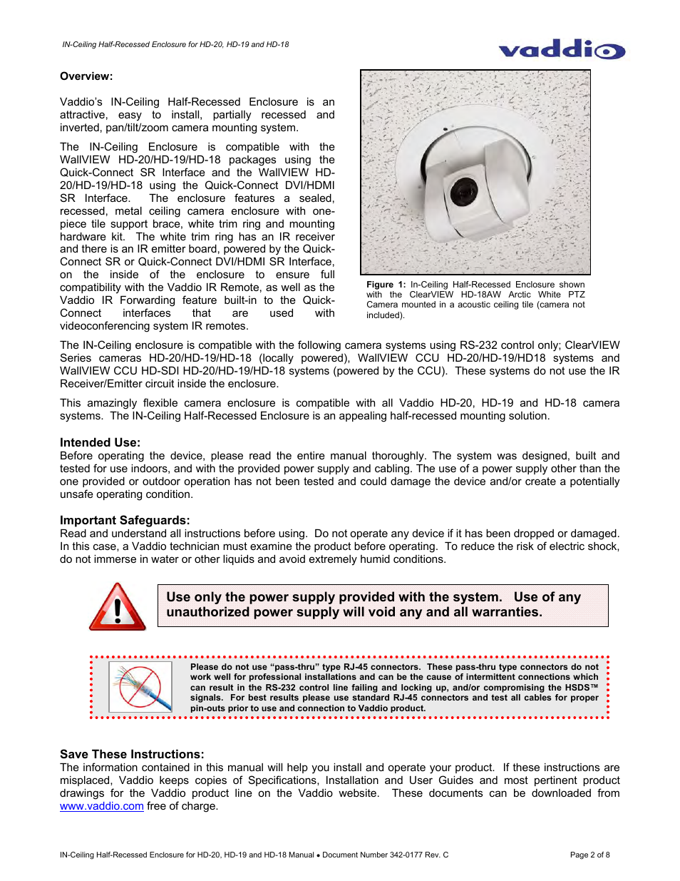 Vaddio IN-Ceiling Half Recessed Enclosure for HD-20/19/18 User Manual | Page 2 / 8