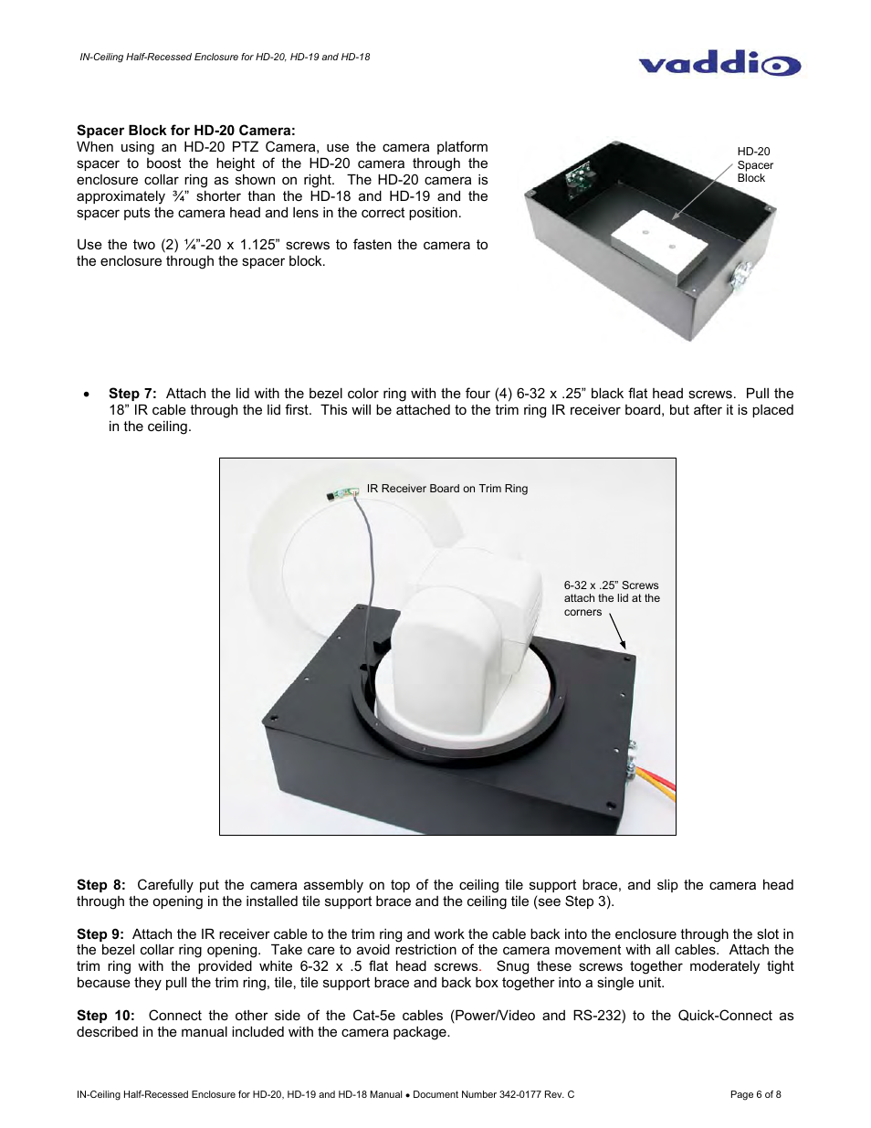 Vaddio IN-Ceiling Half Recessed Enclosure for HD-20/19/18 User Manual | Page 6 / 8