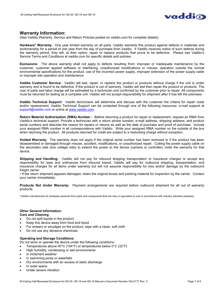Warranty information | Vaddio IN-Ceiling Half Recessed Enclosure for HD-20/19/18 User Manual | Page 7 / 8