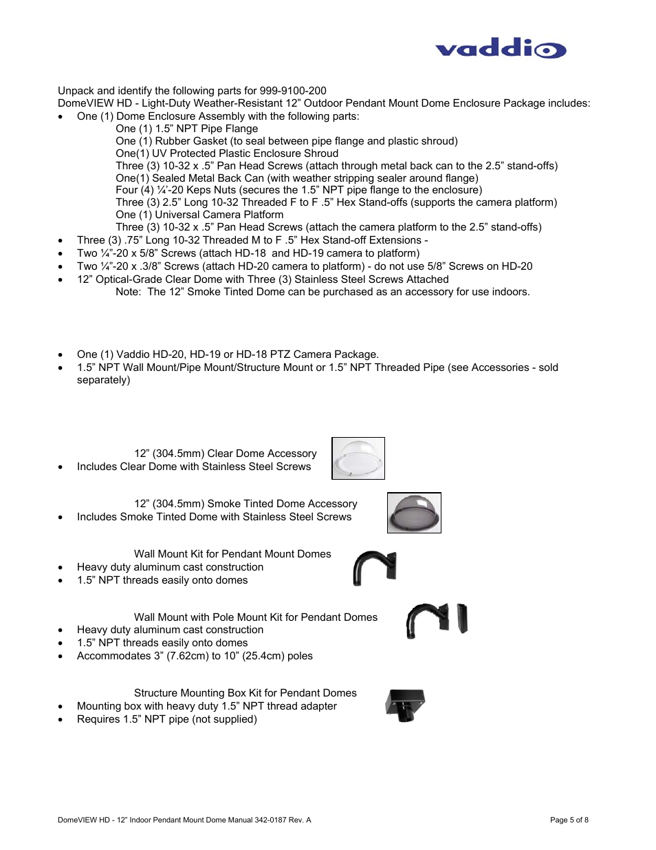 Vaddio Indoor Pendant Mount Dome User Manual | Page 5 / 8