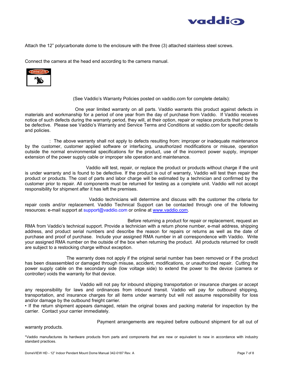 Vaddio Indoor Pendant Mount Dome User Manual | Page 7 / 8