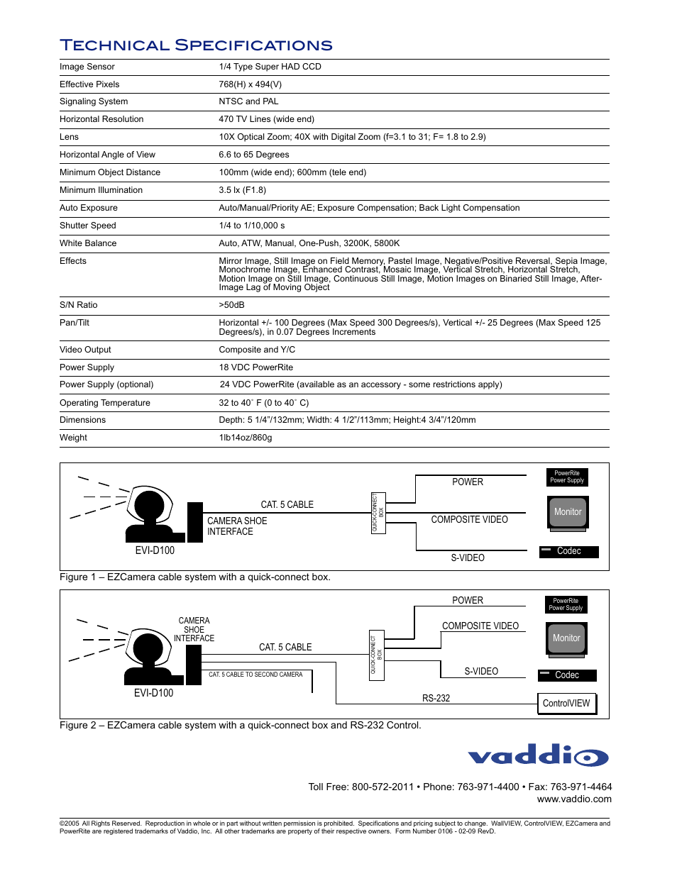 Technical specifications | Vaddio Model 100 Camera User Manual | Page 2 / 2