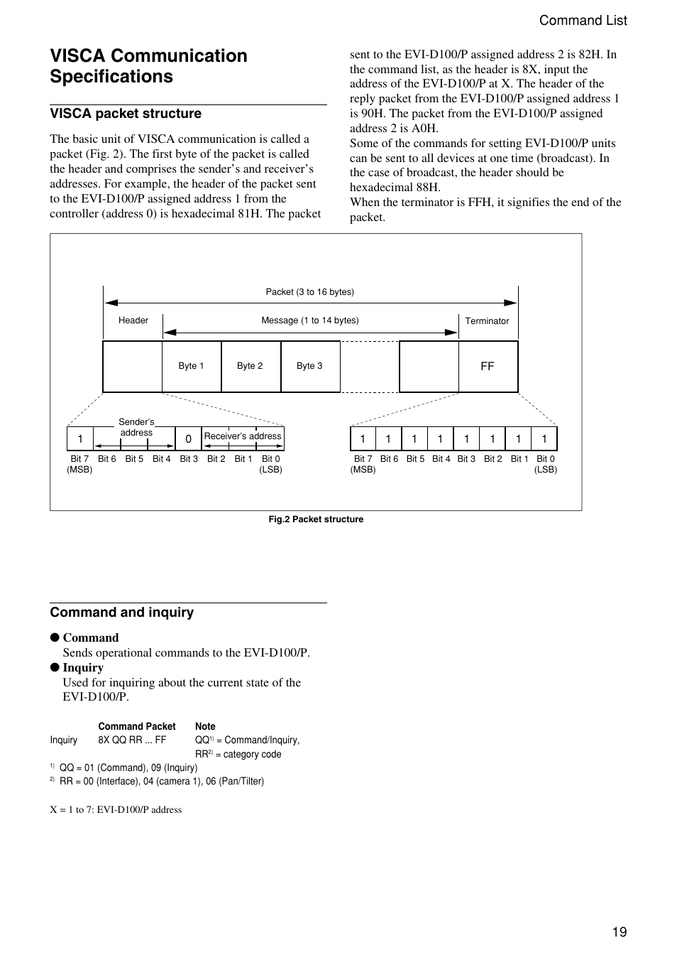Visca communication specifications, 19 command list, Visca packet structure | Command and inquiry | Vaddio WallVIEW 100 Technical User Manual | Page 19 / 48