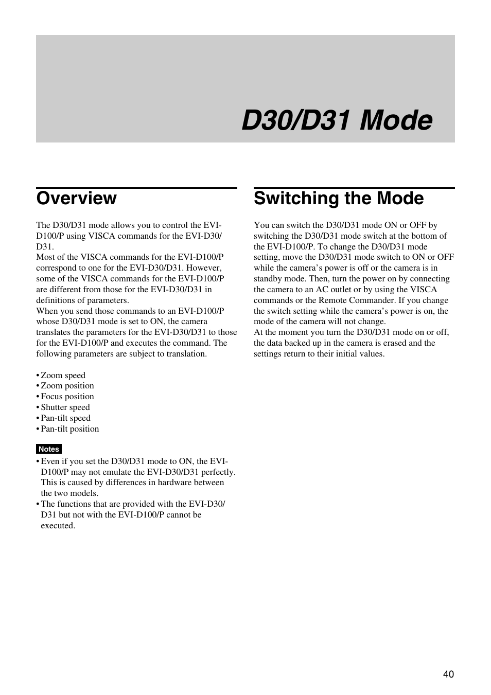 D30/d31 mode, Overview, Switching the mode | Overview switching the mode | Vaddio WallVIEW 100 Technical User Manual | Page 40 / 48