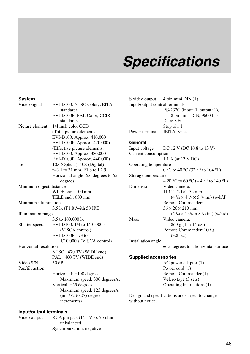 Specifications | Vaddio WallVIEW 100 Technical User Manual | Page 46 / 48