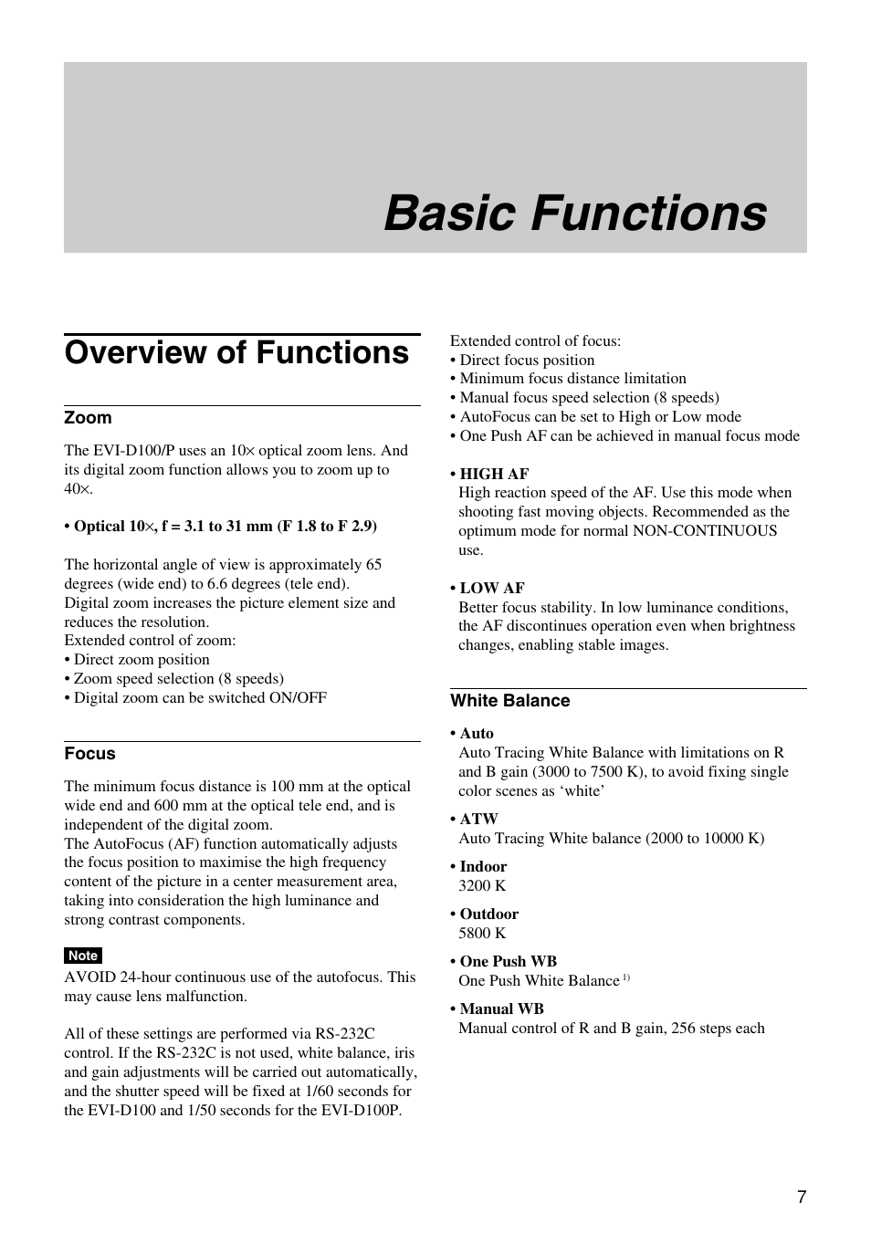Basic functions, Overview of functions | Vaddio WallVIEW 100 Technical User Manual | Page 7 / 48