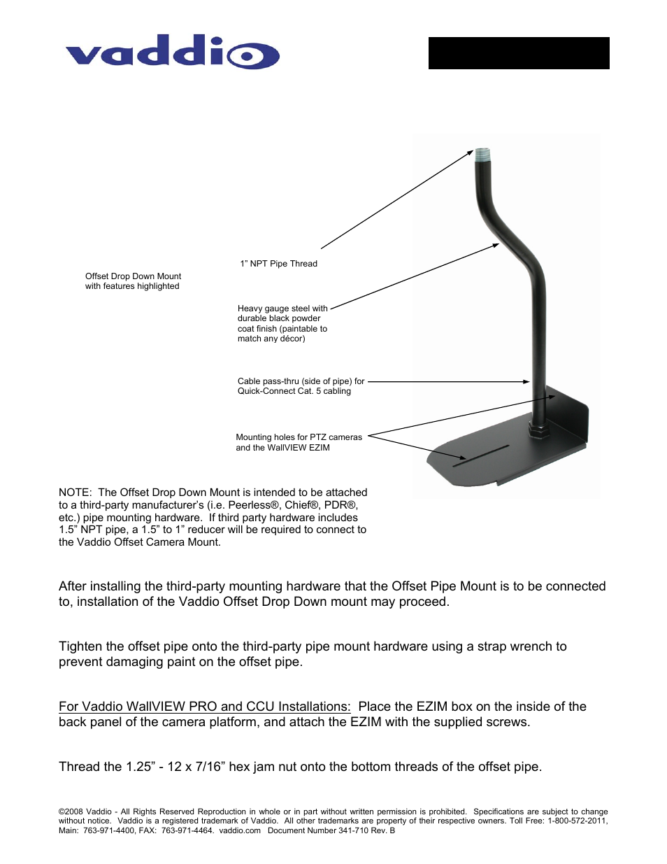 Vaddio Off-Set Drop Down Mount User Manual | 4 pages