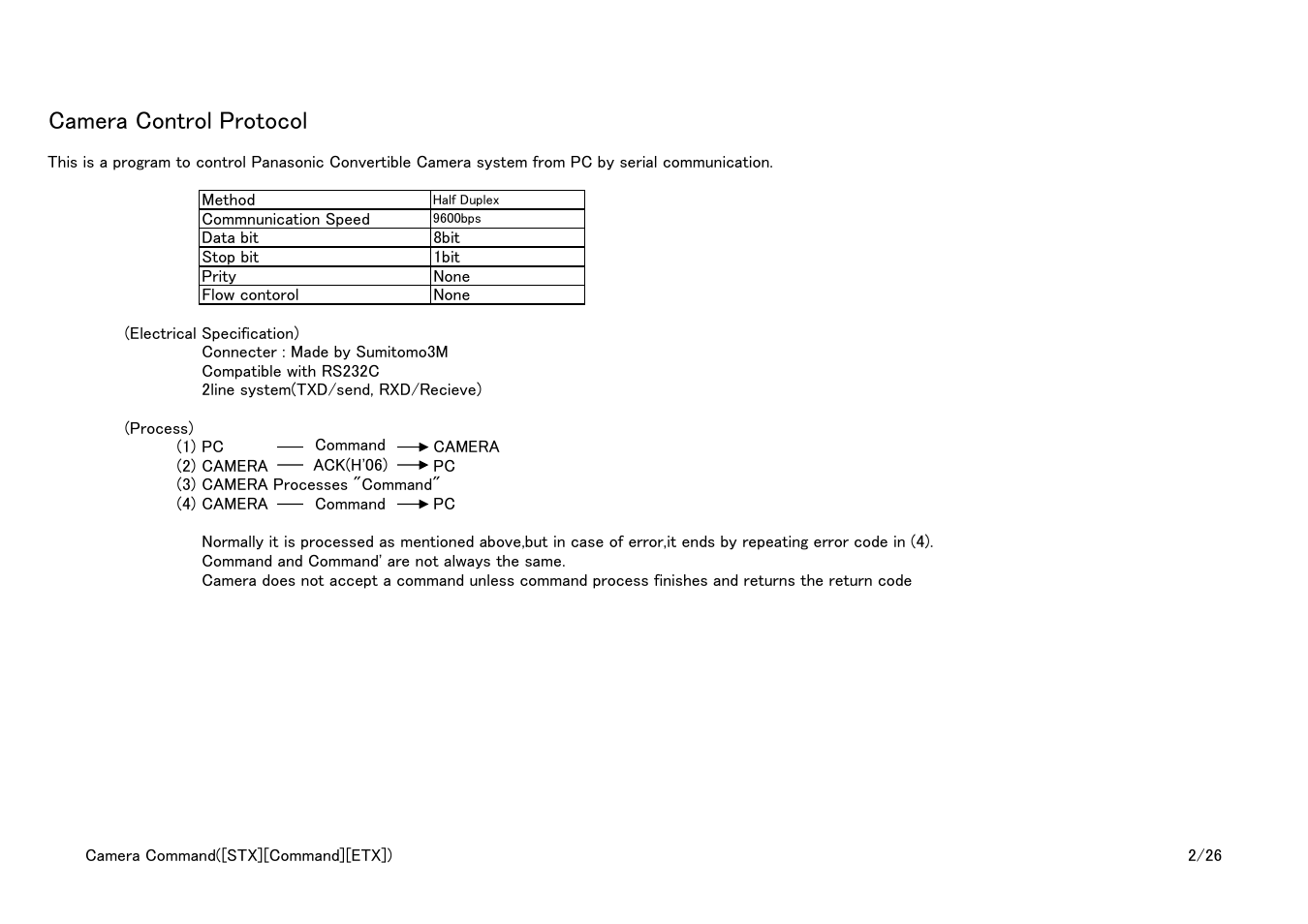 Camera com spec, Camera control protocol | Vaddio Panasonic AW-HE-100 Protocol User Manual | Page 2 / 26