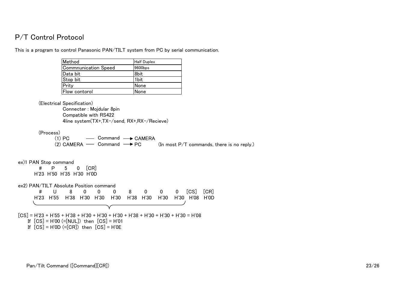Pt com spec, P/t control protocol | Vaddio Panasonic AW-HE-100 Protocol User Manual | Page 23 / 26