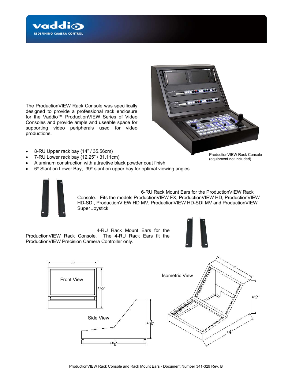 Vaddio ProductionVIEW Rack Mount Ears User Manual | 2 pages