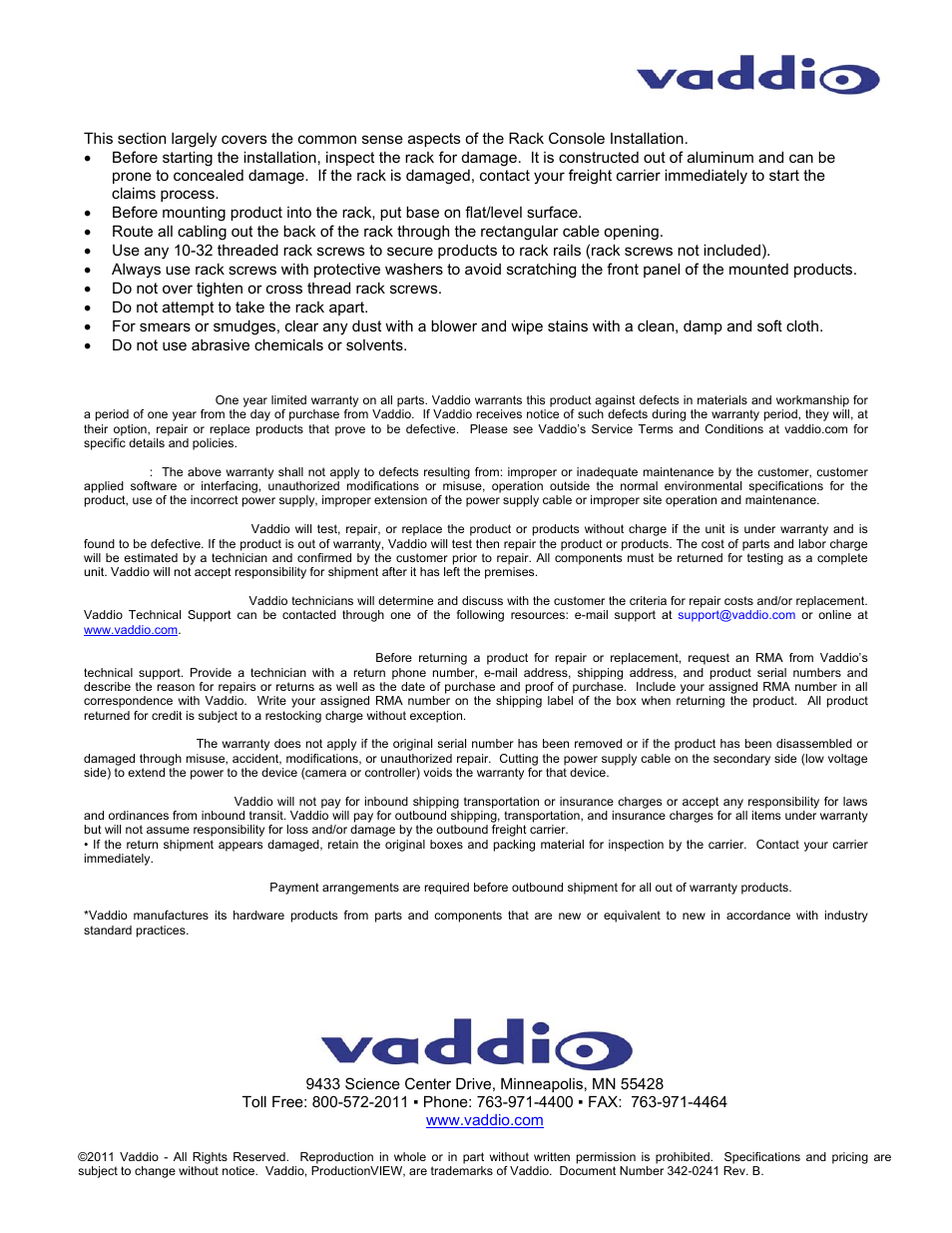 Warranty information | Vaddio ProductionVIEW Rack Mount Ears User Manual | Page 2 / 2